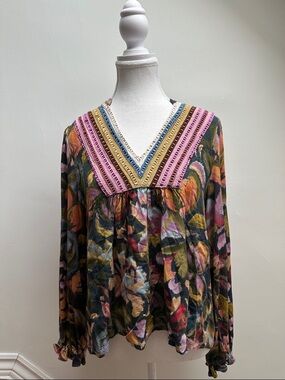 FDJ Floral Vneck Ruffle Cottagecore Colourful Summer Long Sleeve Size Medium